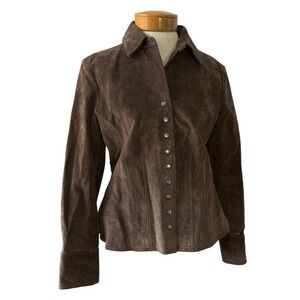 Christopher & Banks Pig Leather Jacket Women's Medium Snap Up Brown Long‎ Sleeve